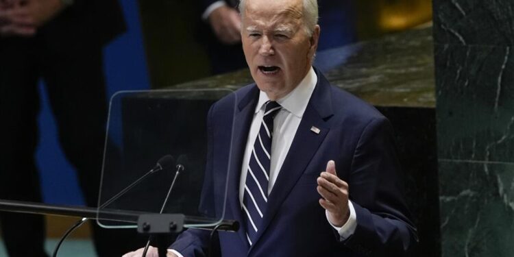 United States President Joe Biden addresses the 79th session of the United Nations General Assembly, Tuesday, Sept. 24, 2024, at UN headquarters. (AP Photo/Manuel Balce Ceneta)